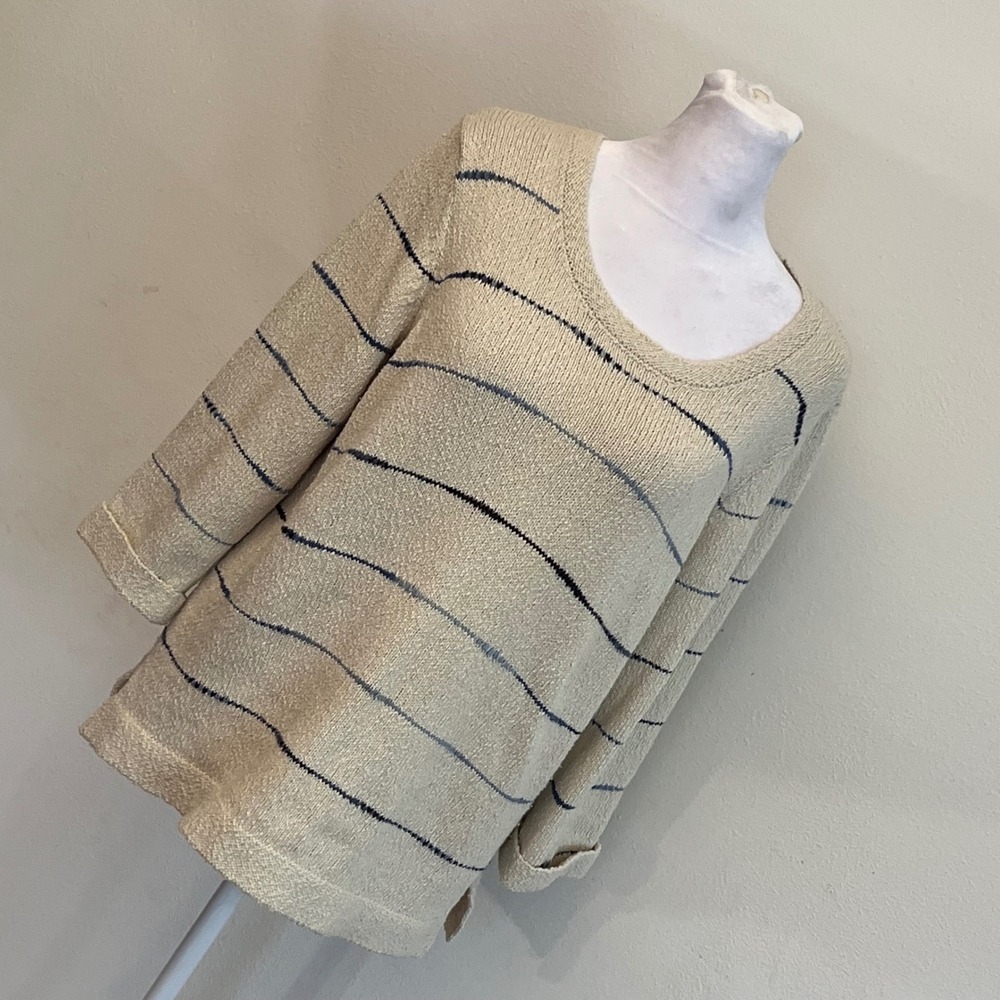 J. Jill Women Petite Medium Cream Blue Striped Cotton Blend Knit Sweater PM